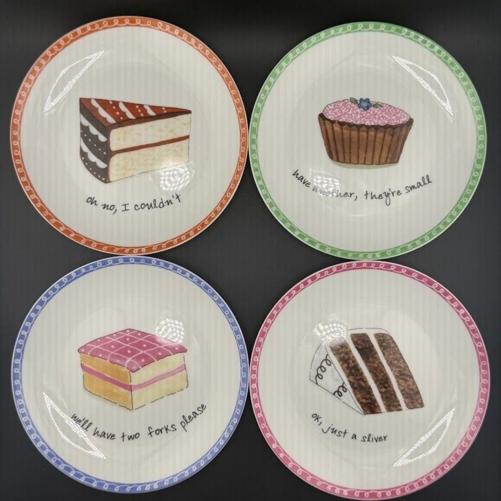 Four Boston Warehouse "Dessert Excuses" 6.5" Dessert Plates by Nancy Green, EUC